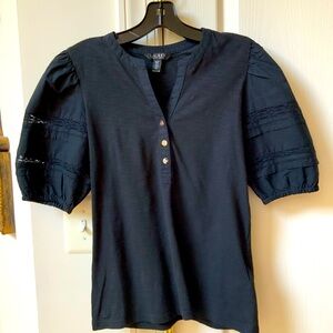 LAUREN RALPH LAUREN BLACK PUFF LACE SLEEVE HANLEY TOP SHIRT